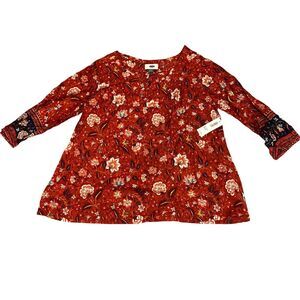 Old Navy Blouse Girls XL (14) Orange Rust Floral Boho 3/4 Sleeve Pullover